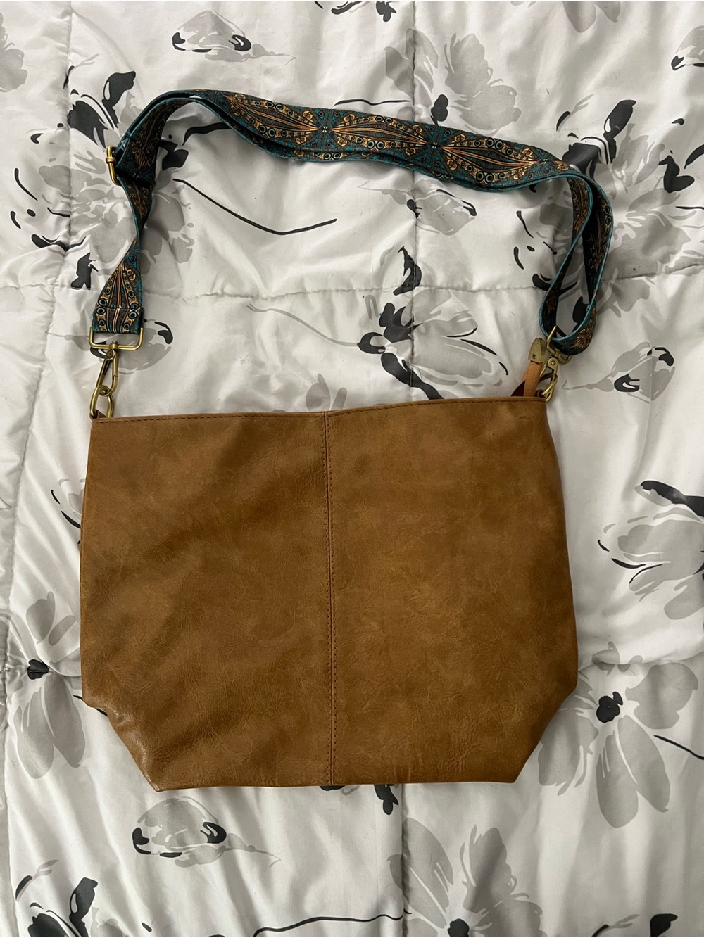 Brown Faux Leather Shoulder Bag with Patterned Strap